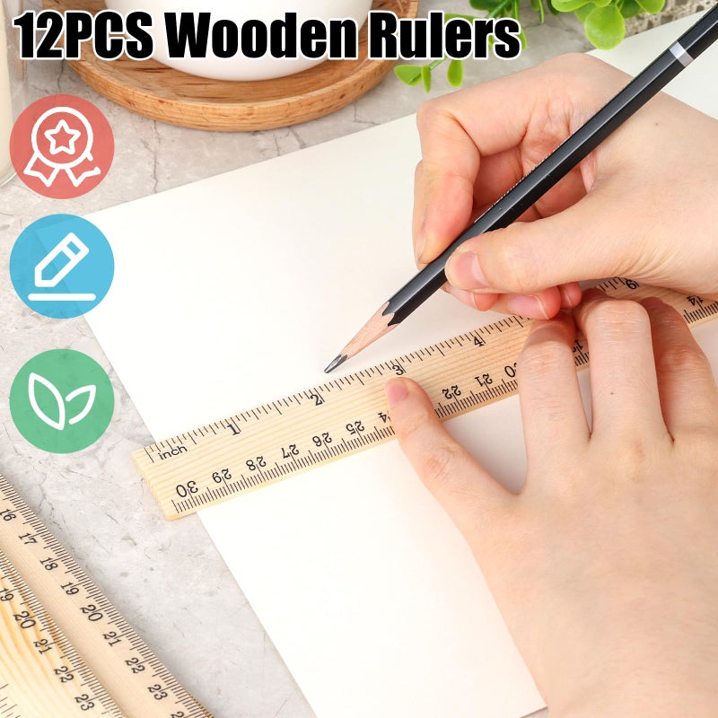 Koogel 12PCS Wooden Rulers Bulk, Wood Ruler 12inch/30cm Measuring Rulers 2 Scale for Kids Students Office School Supplies Classroom - Image 3